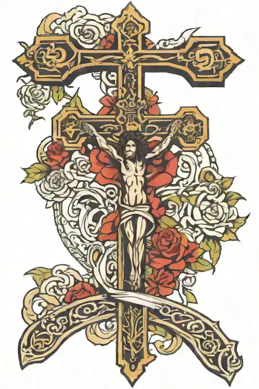 porticullis with sword crucifix wooden cross tattoo design idea