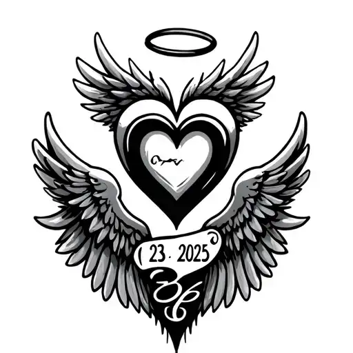 open heart with angel wings and a halo with the date 1/23/2025 tattoo design idea