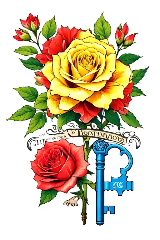red rhododendron, yellow rose, the name Thomson and a blue key tattoo design idea