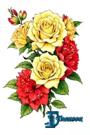 red rhododendron, yellow rose, the name Thomson and a blue key tattoo design idea