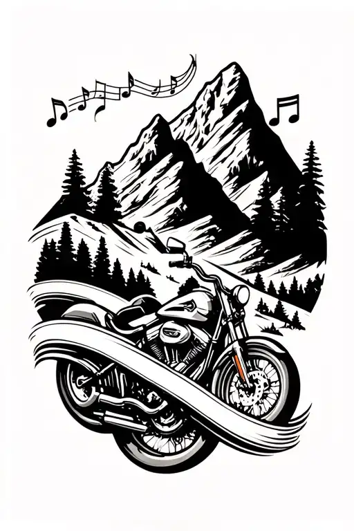 A tattoo design of a mountain landscape with a winding road, a Harley-Davidson motorcycle, and musical notes to represent your love for riding through the mountains and music tattoo design idea