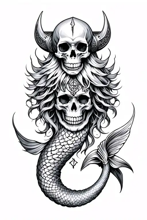 skulls, mermaid, vikings, pagan runes intertwined within tattoo design idea