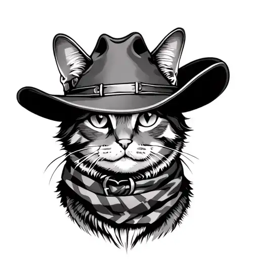 line art style cat wearing a cowboy hat and a scarf around it's neck tattoo design idea