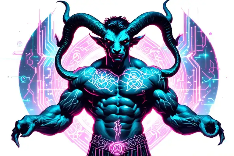 gay male horned satyr with massive bodybuilder muscles. constellations, incubus demon, musclepig, gyno big nipples tattoo design idea