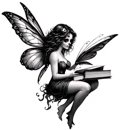 fairy with skulls and books tattoo design idea