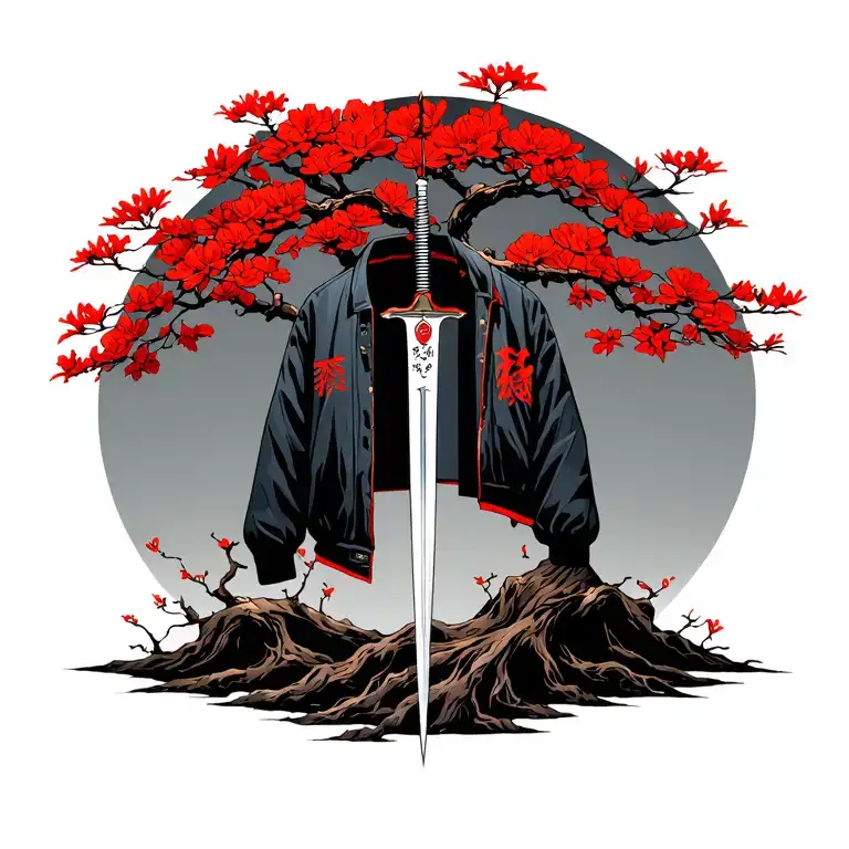 Japanese tree with the red flowers of Tokyo Ghoul. A dagger is planted in the tree and a jacket is suspended tattoo design idea