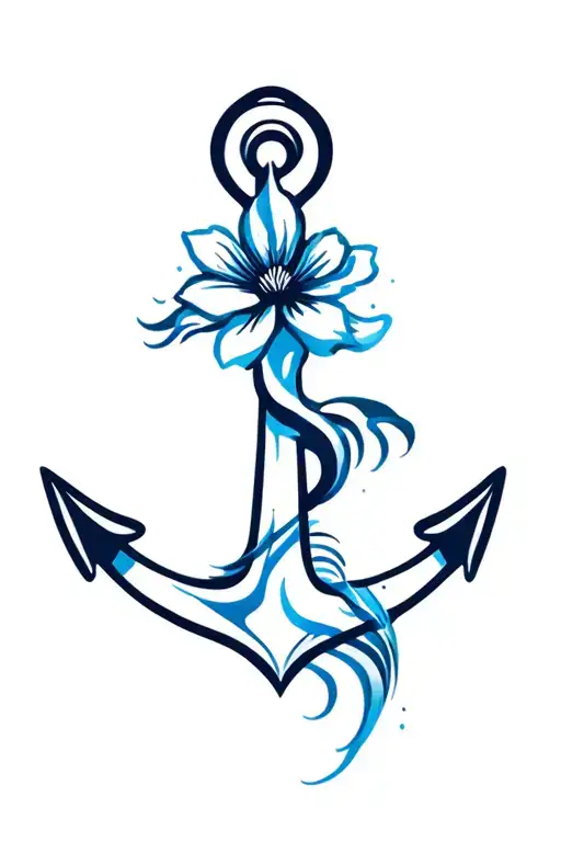 Boat anchor with a blissful flower a blue wave tattoo design idea