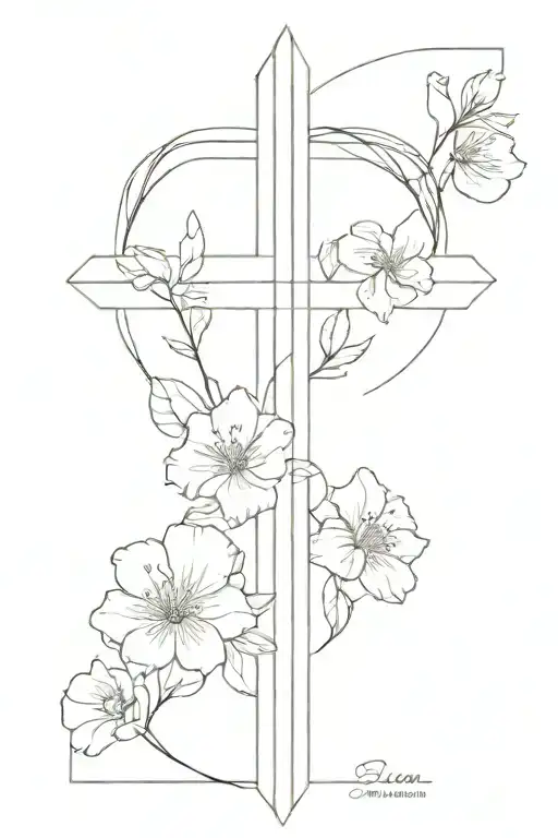 cross with March, June, July, August, October and December birth flowers tattoo design idea