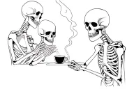 create a tattoo with 3 skeleton person smoking and having coffee. Make the image good with no distortion tattoo design idea
