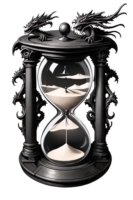 Steampunk theme but in black and white An hour glass filled with sand The hour glass has dragons for columns tattoo design idea