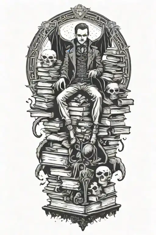 A vampire. Standing on a pile of corpses and books. Occultism, tortured souls tattoo design idea