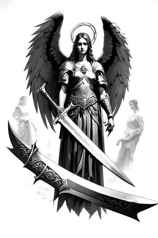 archangel uriel half sleeve tattoo featuring feiry sword, body armor, with philippines halo, standing in front of Eden. tattoo design idea