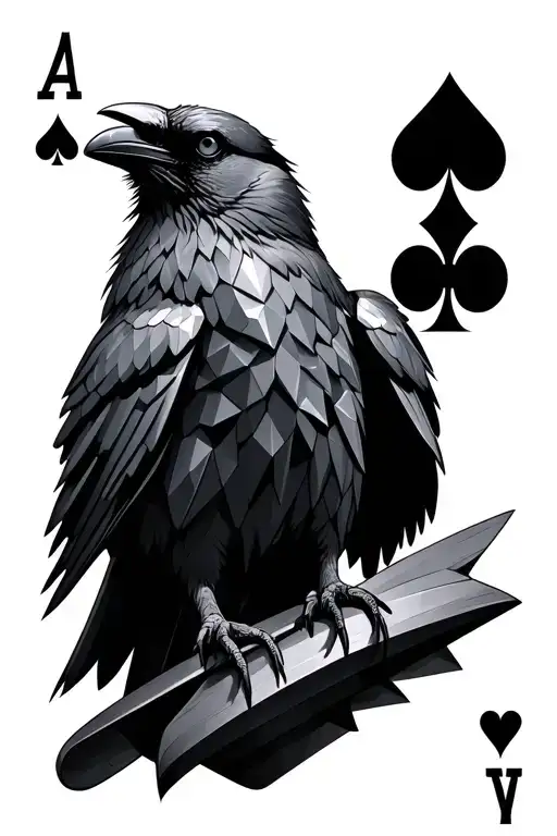 Bust of a playing-card Jack (clubs) chiseling himself from the shoulders into a King (diamonds); a low-poly faceted crow tattoo design idea