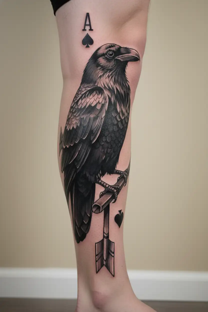 Bust of a playing-card Jack (clubs) chiseling himself from the shoulders into a King (diamonds); a low-poly faceted crow tattoo design idea