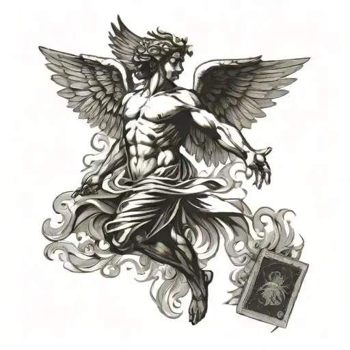 Design a black-and-gray tattoo where Icarus replaces the Jack in a playing card. Icarus is depicted in a triumphant pose tattoo design idea
