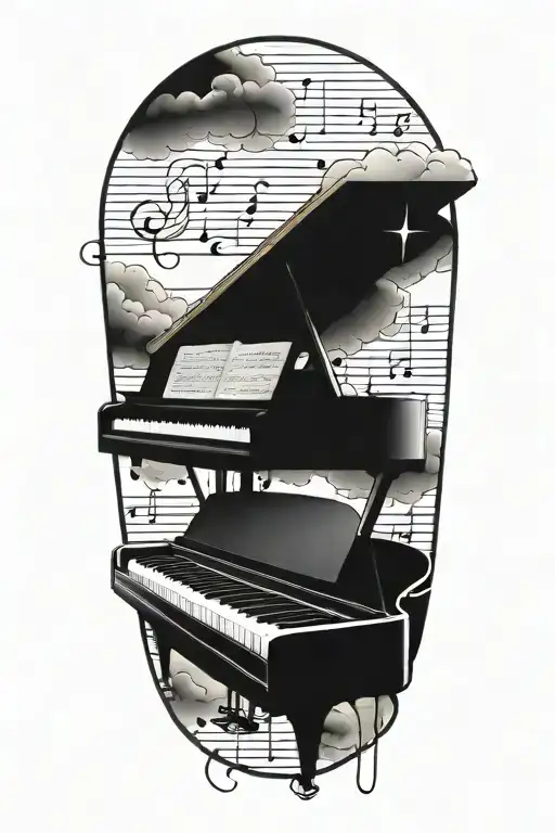 forearm sleeve of piano keyboard intertwined with music staff of 4 bars of music with clouds as filler tattoo design idea