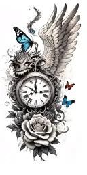 clock face, angel wings, roses, eye, dragon, butterfly tattoo design idea
