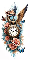 clock face, angel wings, roses, eye, dragon, butterfly tattoo design idea