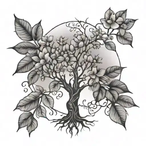 fine line tree of life with flowers in the leaves tattoo design idea