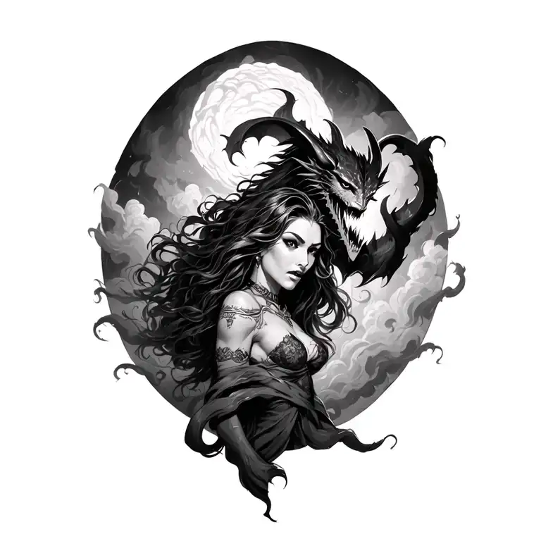Angela coming through dark cloud fighting demon tattoo design idea