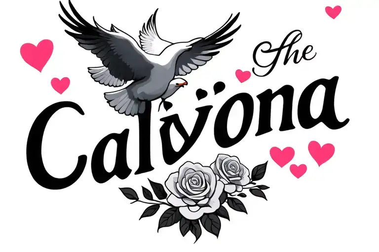 The  Name Calviona With Flying  Doves with Roses & hearts  tattoo design idea