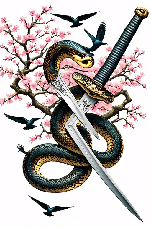samurai sword going down with snake wrapped around it and a background of blossom trees and swallows going around it tattoo design idea