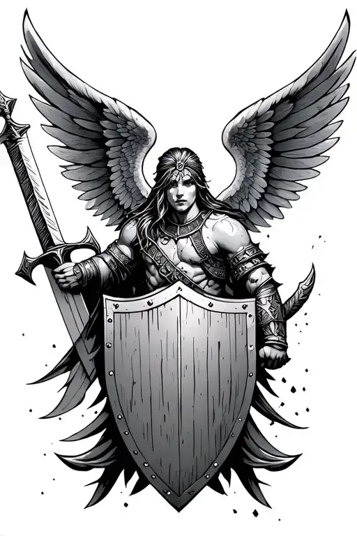 tattoo warrior with wings, sword and shield tattoo design idea