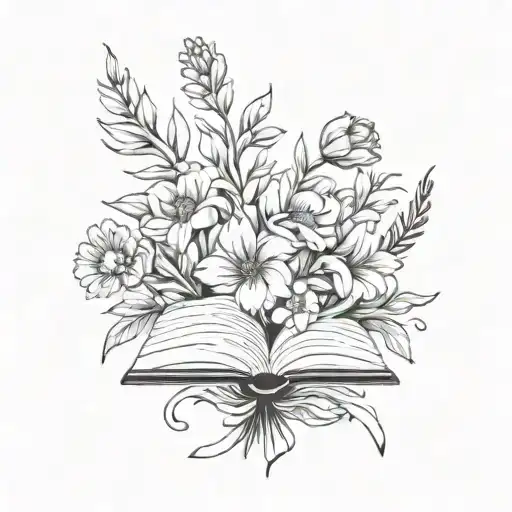 January, march, august, September, October, November, December birth flower bouquet,bursting out of an ancient open book tattoo design idea