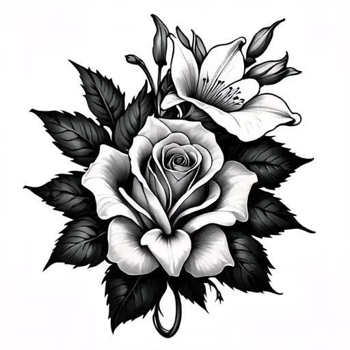 lily flower, rose and narcissus flower on upper shoulder tattoo design idea