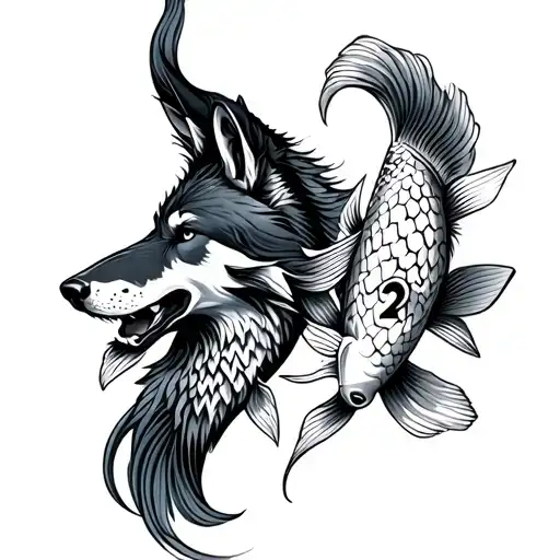 two lines or wolves's heads and number 2 koi fish tattoo design idea