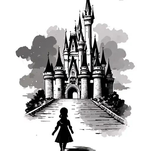 little girl walking towards Disney castle tattoo design idea