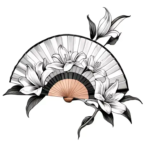 fan with lilies flower tattoo design idea