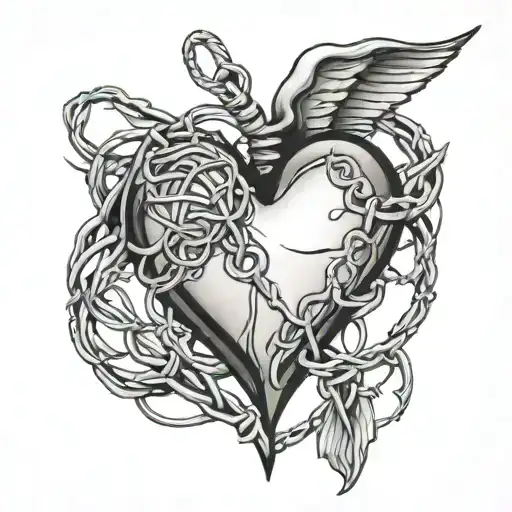 simple chrome heart shape wrapped in barbed wire tattoo design idea
