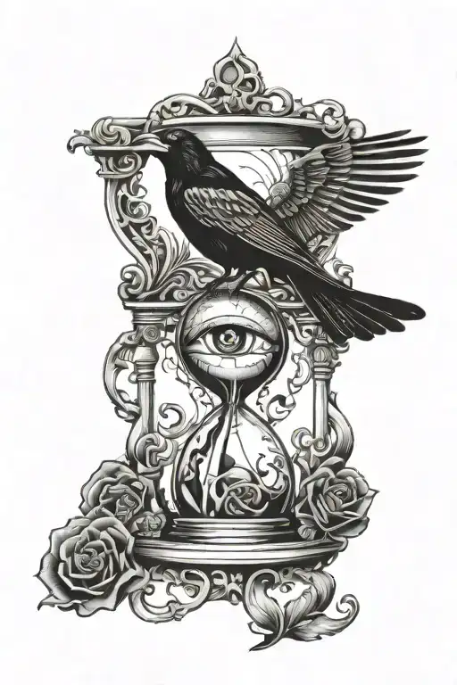 evil vs god hour glass with an eye n a crow tattoo design idea