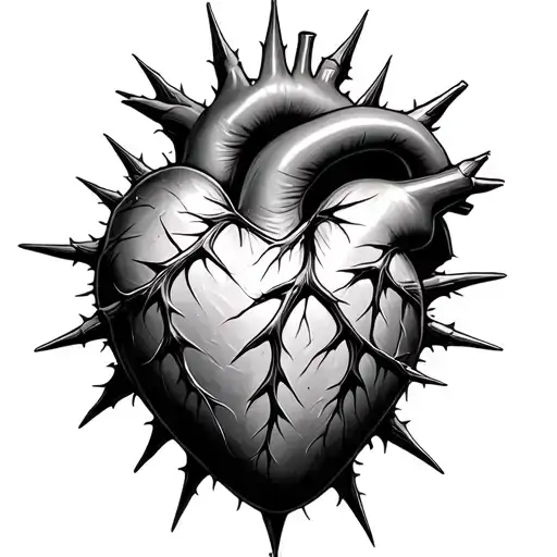 a realistic heart in the center with thorns surrounding it in a full circle without touching the heart tattoo design idea
