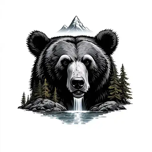 Waterfall, at the top of a bear, a mountain river flows from the mountain, a forest is burning along the banks of the river. tattoo design idea