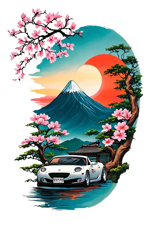 Tattoo sleeve with my My Miata with a mountain backround with the rising sun on the shoulder with Sakura flowers and win tattoo design idea