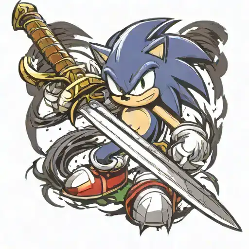 Sonic the Hedgehog wielding a greatsword with an angry face, evil, dark souls tattoo design idea