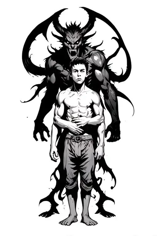 a boy standing with a scary demon towering behind him, arms wrapped around him tattoo design idea