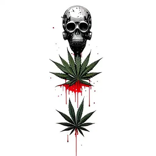 composition,robot skull with gas mask,marijuana leaves in the background,dripping blood tattoo design idea