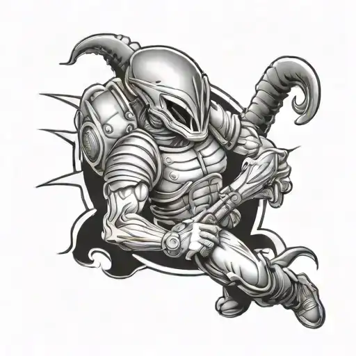 A marine corp veteran symbolized as an alien warrior in a water-themed battle scene tattoo design idea