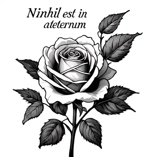 "nihil est in aeternum" text with a rose losing it"s petals in the back tattoo design idea