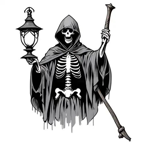 Skeleton in a hooded of a medieval executioner, holding a medieval lamp tattoo design idea
