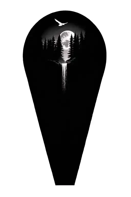 forest with a waterfall in the middle and a bald eagle flying with a moon in the background tattoo design idea