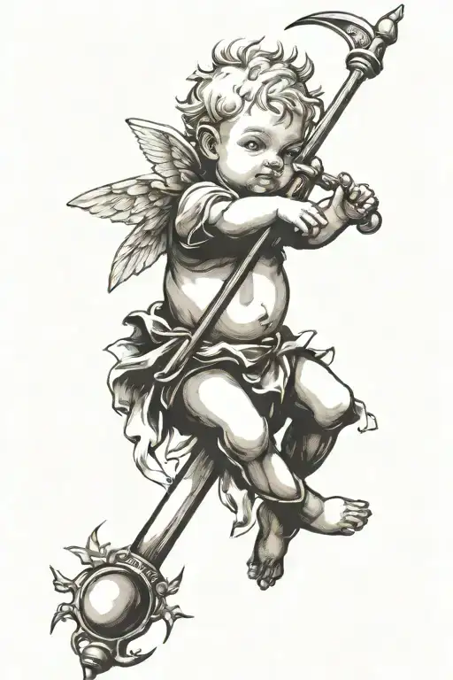 baby cupid with long fire staff tattoo design idea