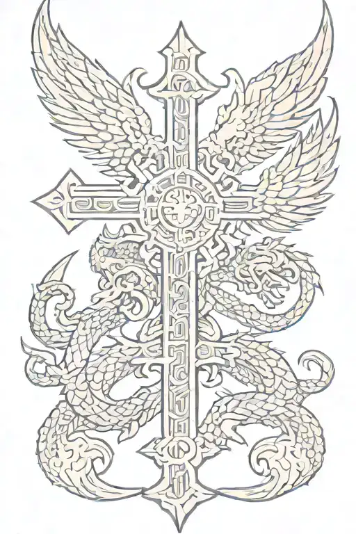 cross with Aztec dragon wrapped tattoo design idea
