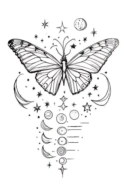 butterfly, stars, and moon phases tattoo design idea