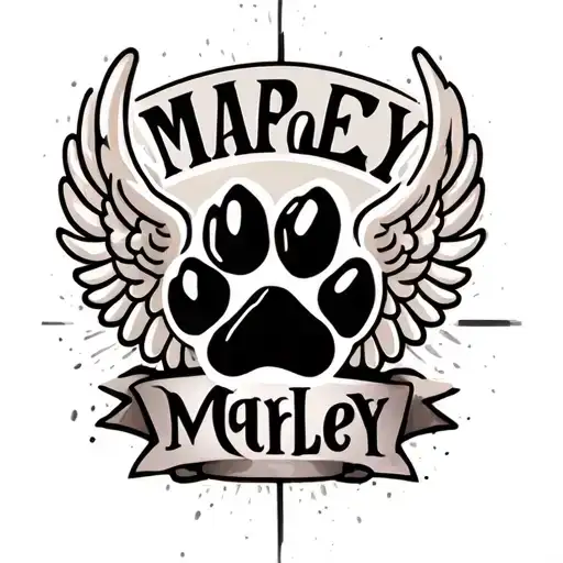 "Marley " "Marley " dog loss tattoo featuring paw print and angel wings tattoo design idea