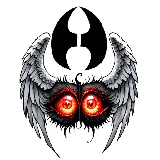 create the dark fantasy upper back tattoo design showing angel wings that form devil eyes in full color. tattoo design idea