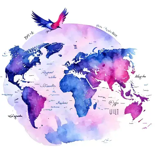 songbird on top of the world map with landmarks tattoo design idea